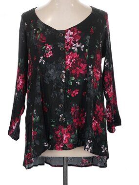 torrid Red & Black floral roses Long Sleeve Blouse Fit & Flare High Low Top